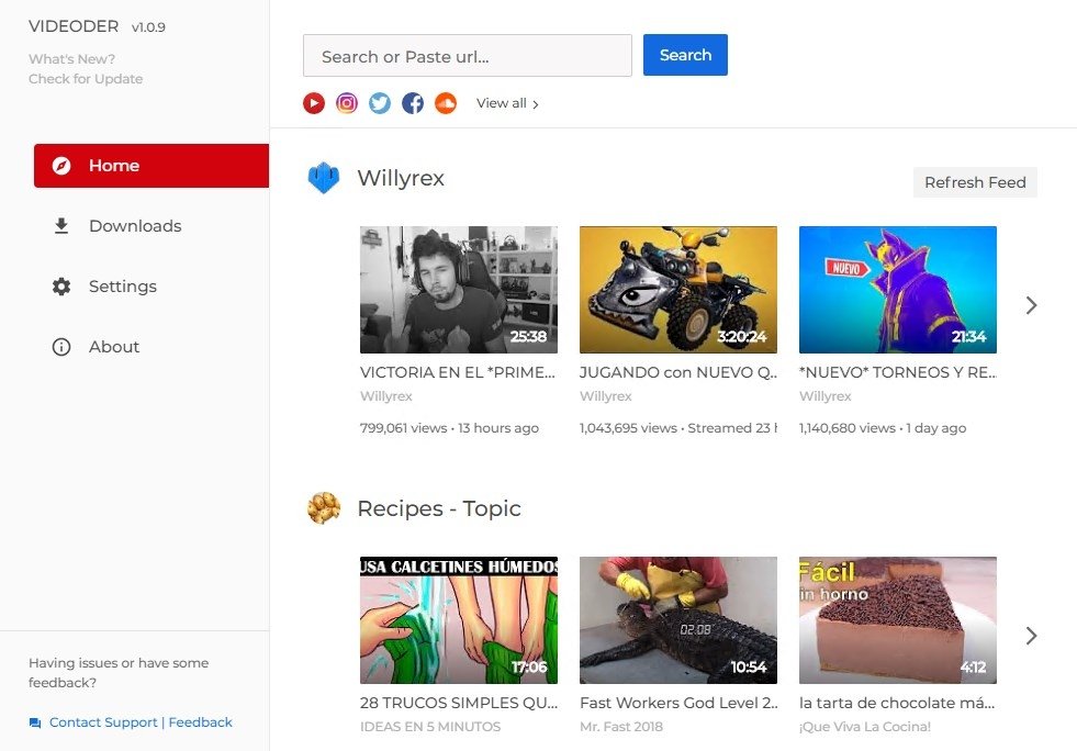 Главное окно Videoder для Windows со строкой Search or Paste url