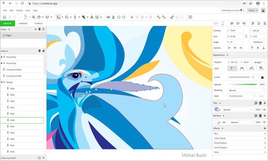 Интерфейс CorelDRAW Web в браузере с панелью Objects и параметрами выбранного векторного объекта