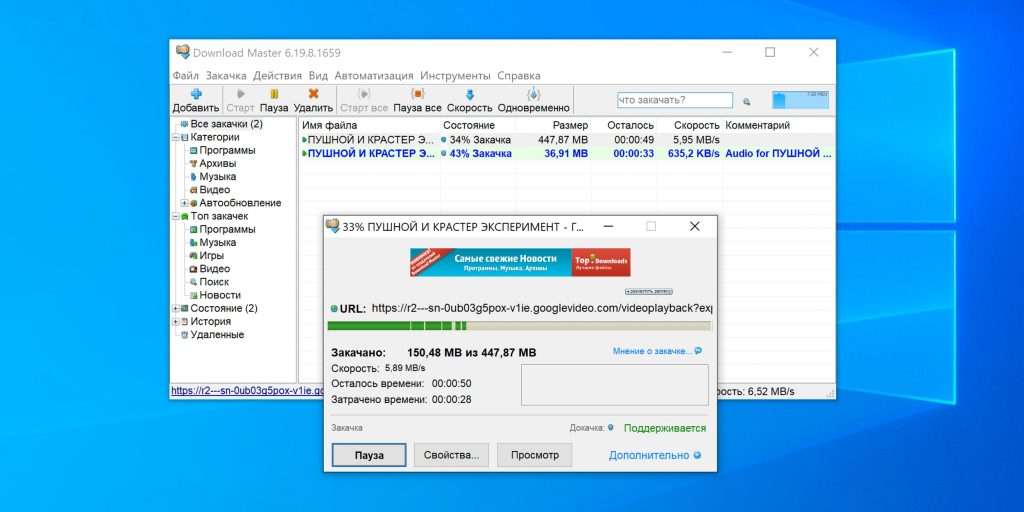 Интерфейс Download Master со списком задач
