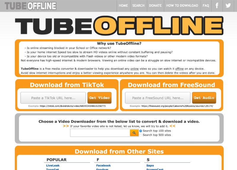 Страница выбора сайта в TubeOffline