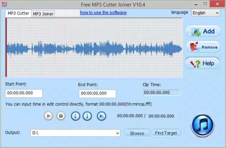 Интерфейс MP3 Cutter Joiner с волновой формой и полями Start Point и End Point