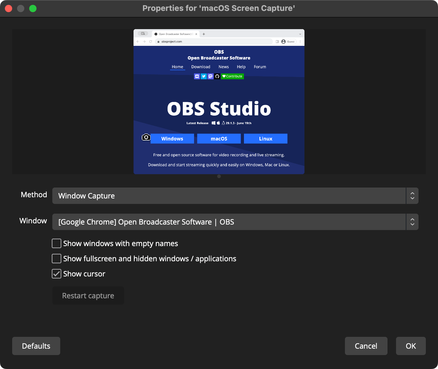 Выбор отдельного окна в macOS Screen Capture OBS