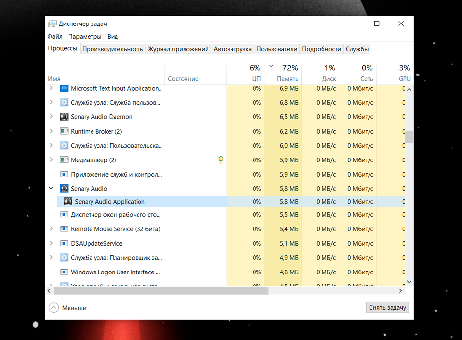 Диспетчер задач Windows с работающими процессами