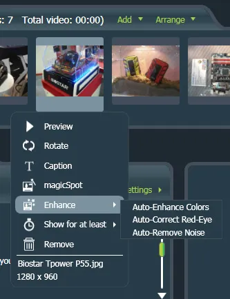 Контекстное меню фотографии в muvee Reveal с пунктами Preview, Rotate, Caption, magicSpot, Enhance и Show for at least