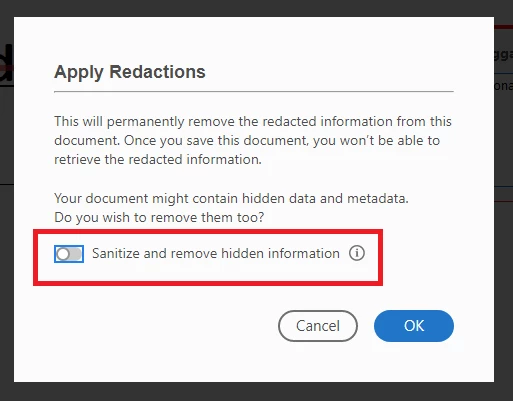 Предупреждение Adobe Acrobat о санитарной очистке и удалении скрытой информации