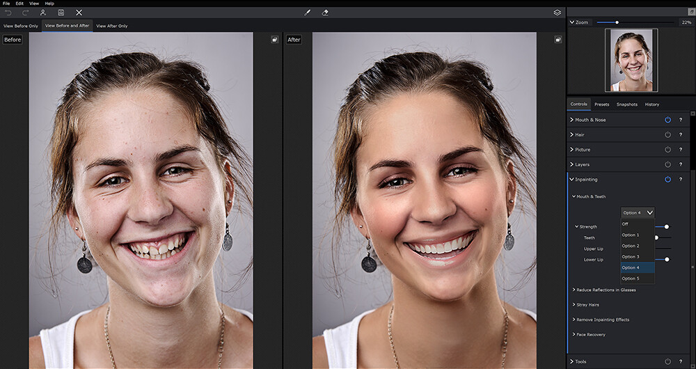 PortraitPro: интерфейс портретной ретуши с панелью Mouth & Teeth