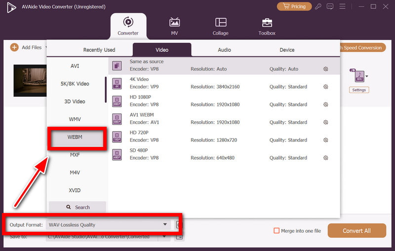 Выбор WebM в AVAide Video Converter