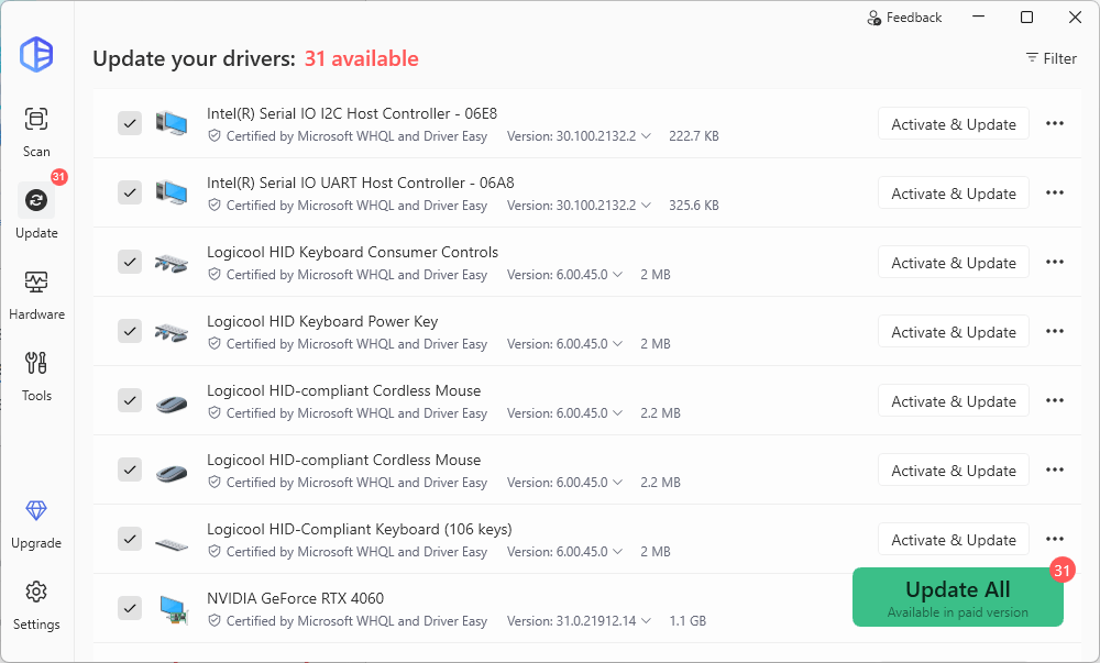 Список драйверов для обновления в Driver Easy