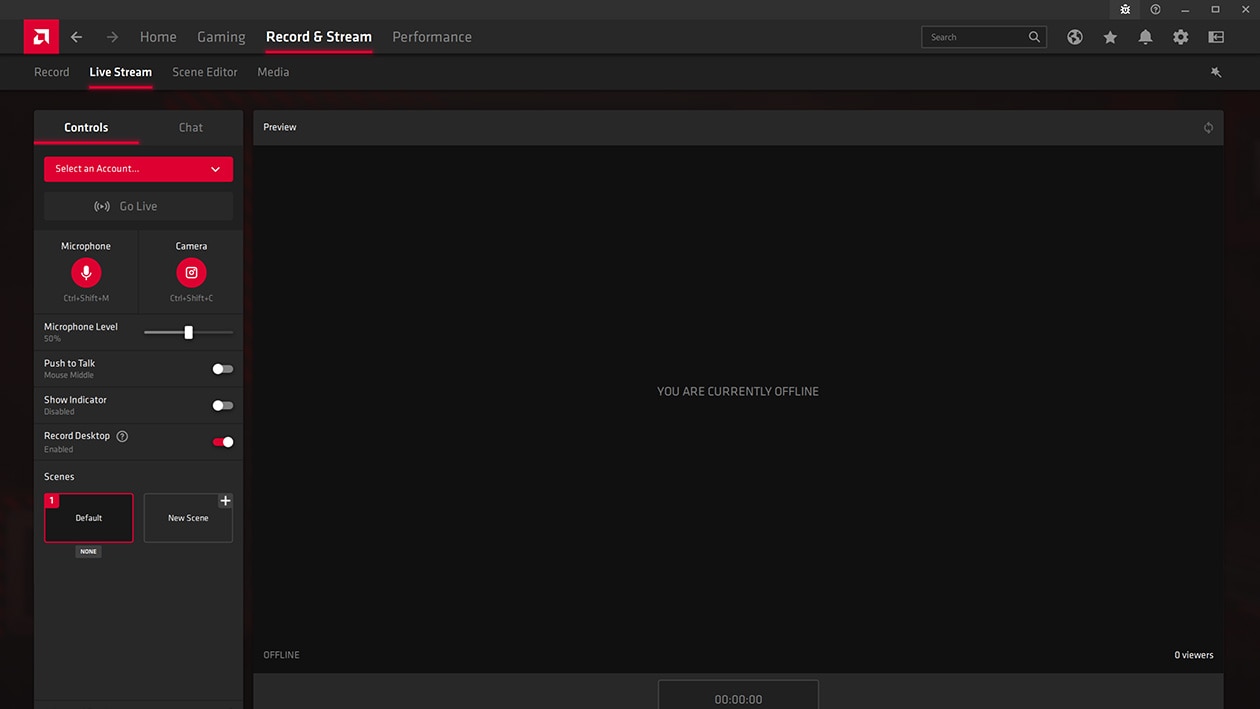 Раздел Record and Stream в AMD Software с микрофоном, камерой и сценами