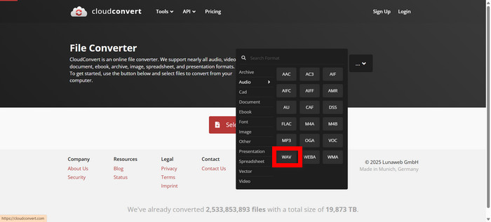 Интерфейс CloudConvert для MOV → WAV