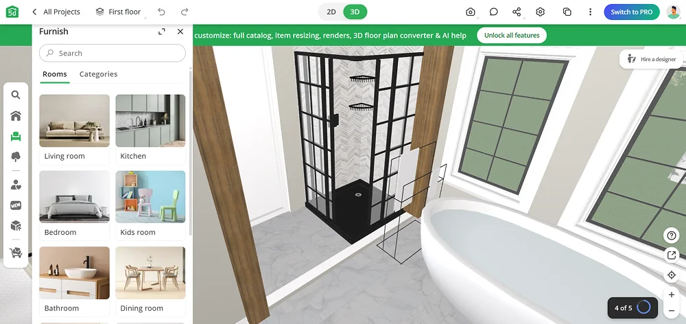 Интерфейс Planner 5D с планом квартиры и режимами 2D и 3D