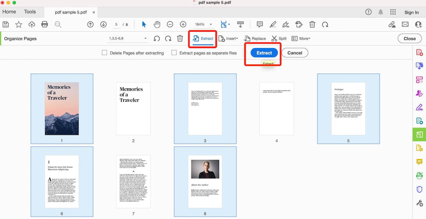 Окно Adobe Acrobat с кнопкой Extract и выбранными страницами