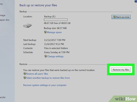 Кнопка Восстановить файлы в Windows 7