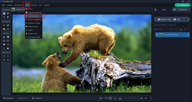 Команда добавления слоя из файла в ФотоМОНТАЖе