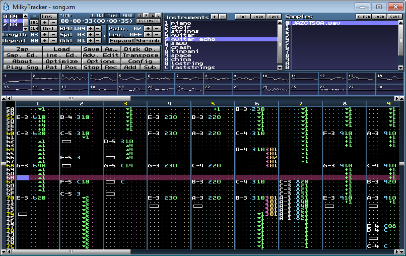 MilkyTracker с открытым song.xm, несколькими каналами, instruments и samples
