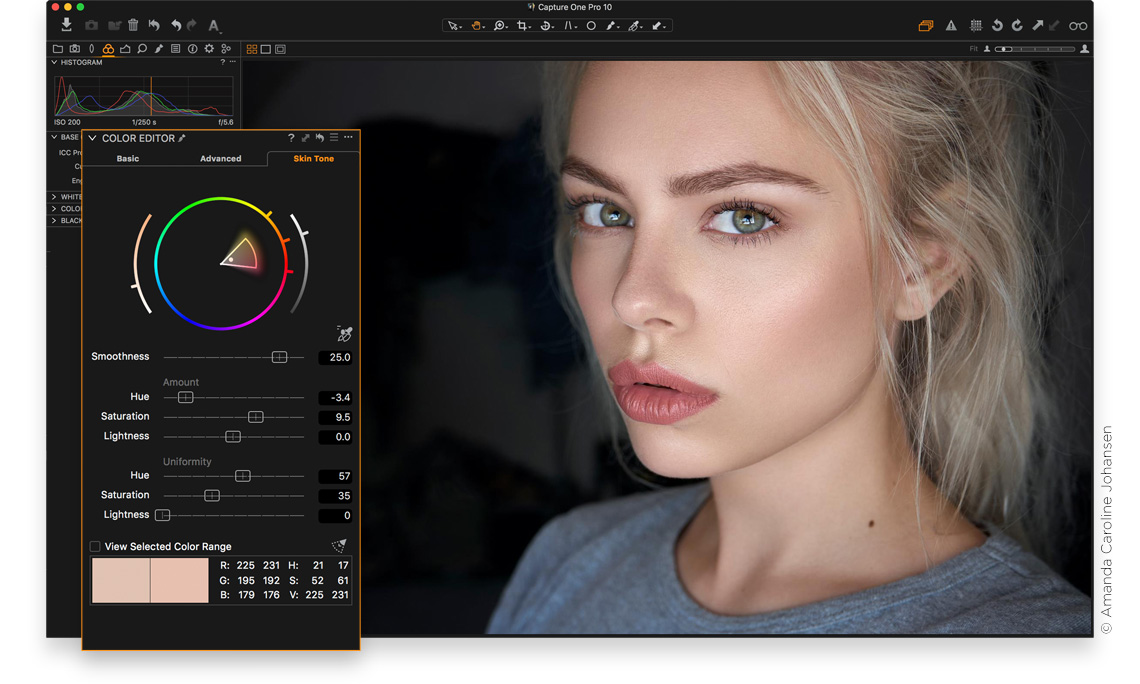 Интерфейс Capture One Pro с панелью Skin Tone в Color Editor