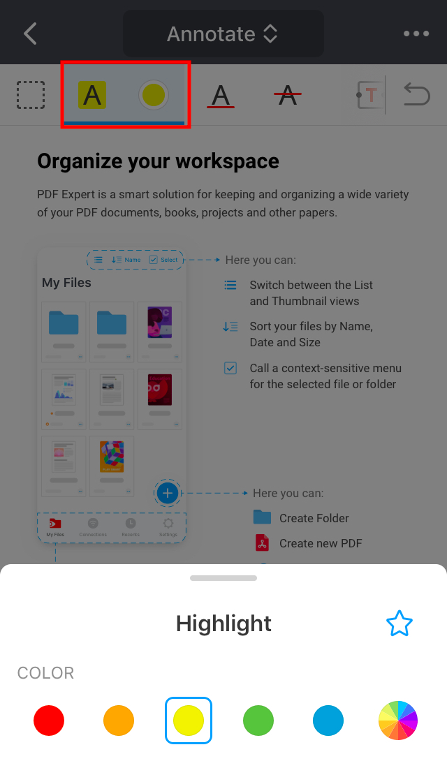 Выбор цвета Highlight в PDF Expert на iPhone