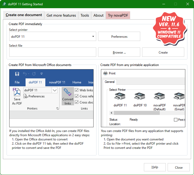 Окно doPDF с режимом создания PDF и интеграцией Microsoft Office