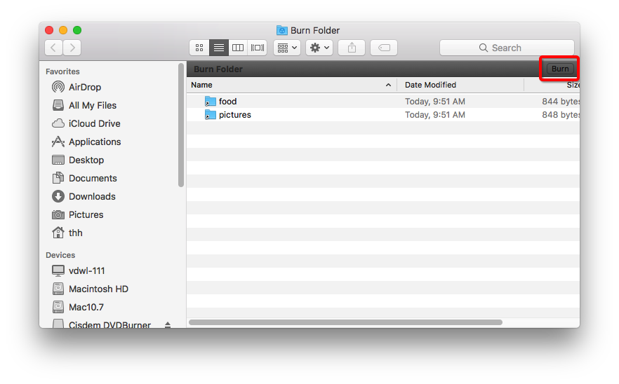 Burn Folder в Finder с кнопкой Burn для записи файлов на диск