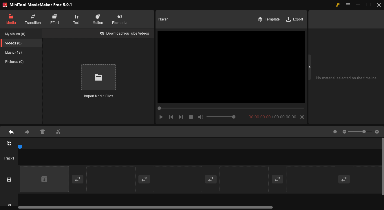 Интерфейс MiniTool MovieMaker с медиатекой, плеером и таймлайном
