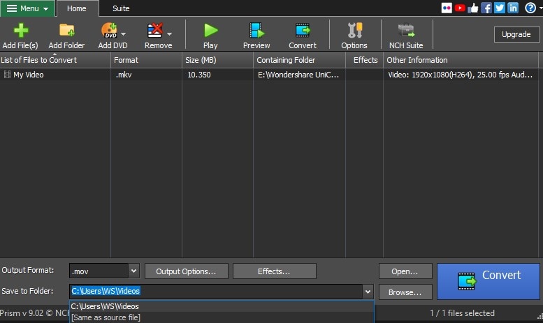 Выбор папки вывода в Prism Video Converter