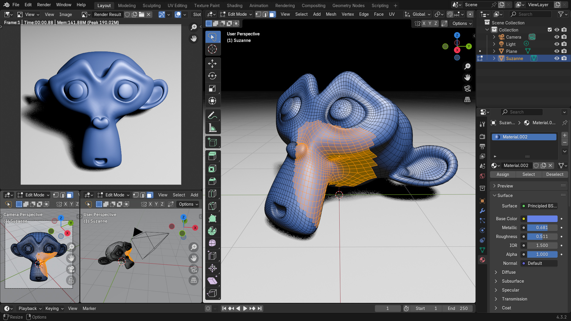 Интерфейс Blender с несколькими окнами, 3D Viewport, Outliner и Properties Editor