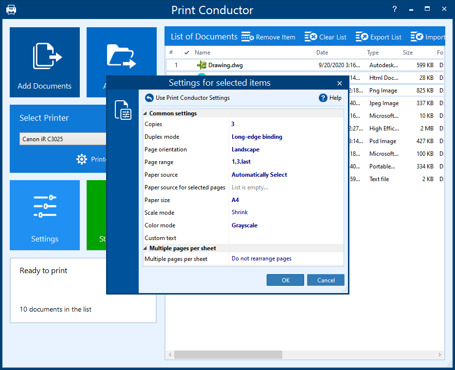 Окно Settings for selected items в Print Conductor с индивидуальными настройками выбранных документов