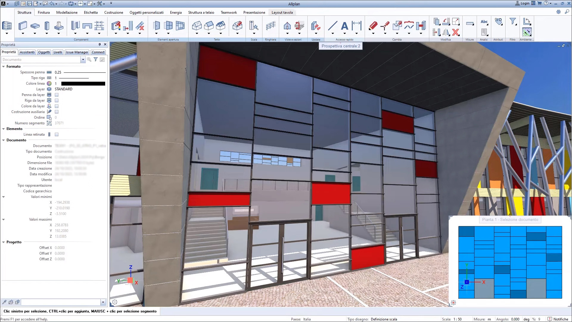 Фасадное моделирование в Allplan с 3D-представлением и панелью свойств
