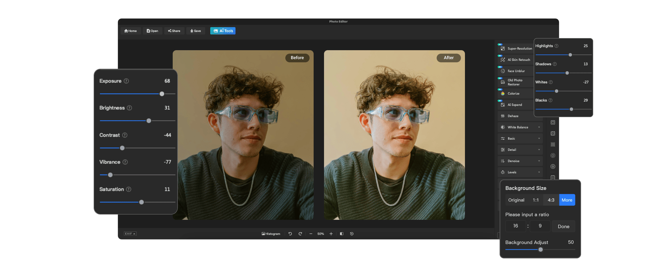 Интерфейс Fotor с открытой фотографией и инструментами коррекции