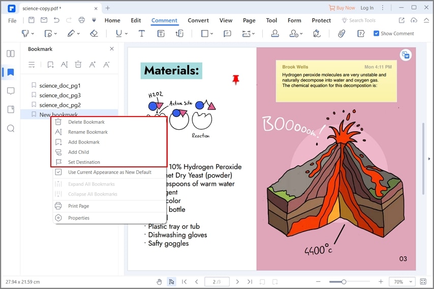 Контекстные команды Rename Bookmark, Add Child и Set Destination в PDFelement