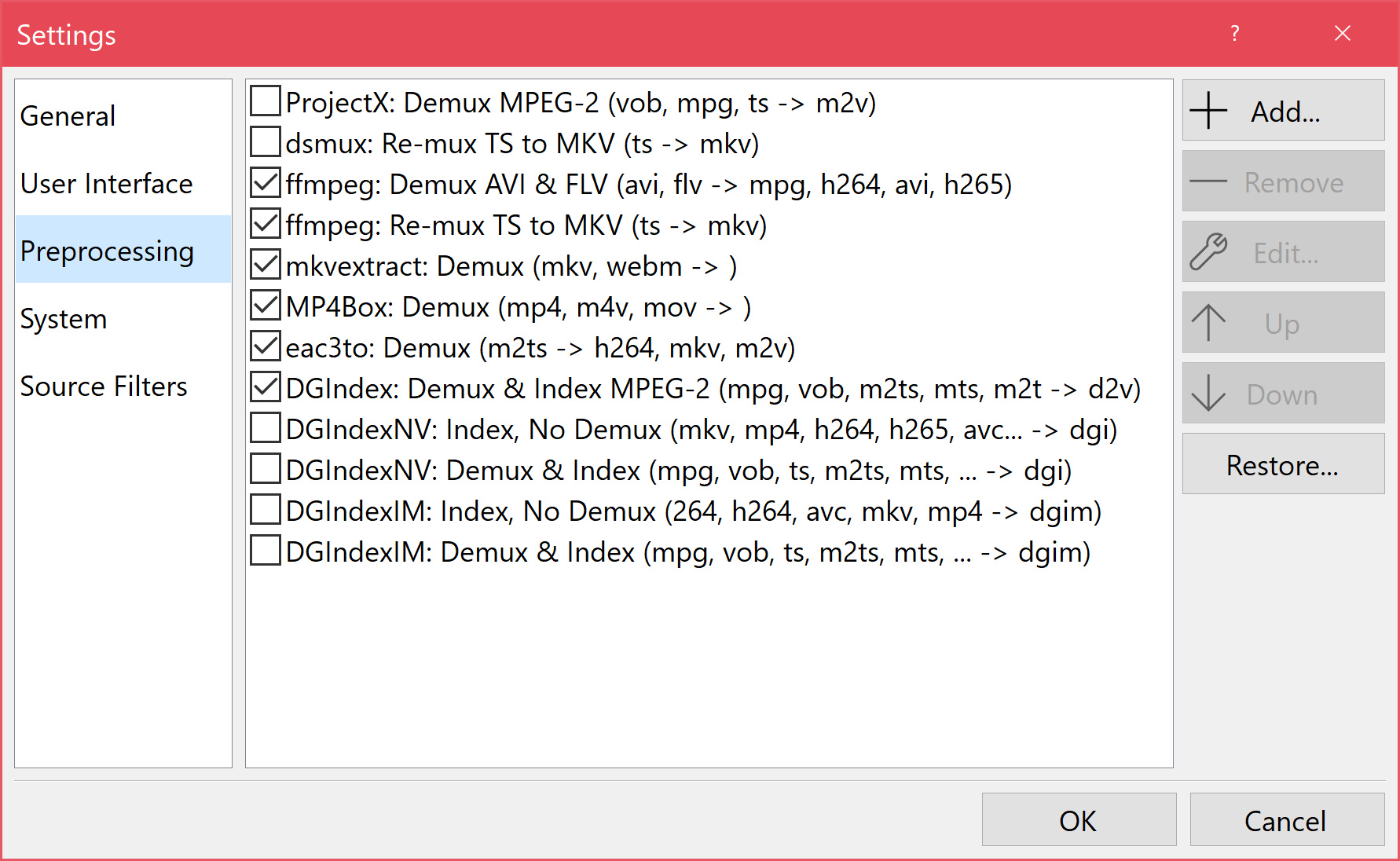 Окно Settings > Preprocessing в StaxRip с демультиплексорами и индексаторами