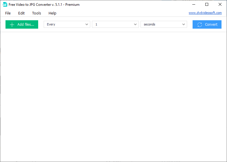 Интерфейс Free Video to JPG Converter с кнопкой Add files, интервалом в секундах и кнопкой Convert