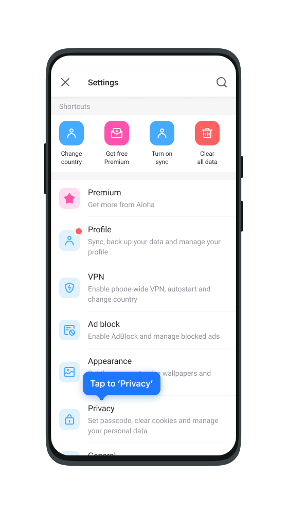 Раздел Settings в Aloha Browser с пунктами VPN, Ad block и Privacy