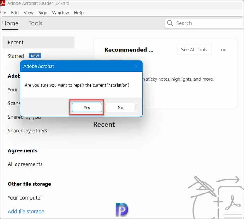 Подтверждение восстановления установки Adobe Acrobat Reader