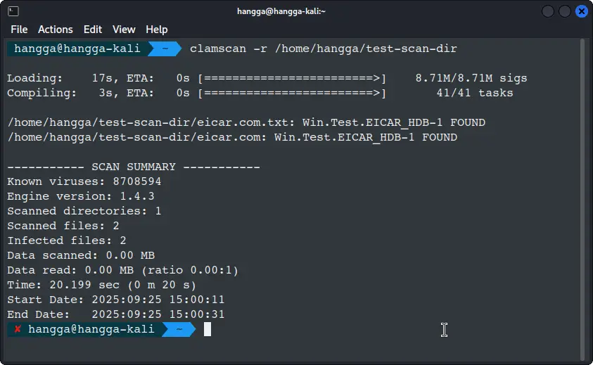 Результат clamscan в терминале Linux с обнаружением тестового EICAR-файла