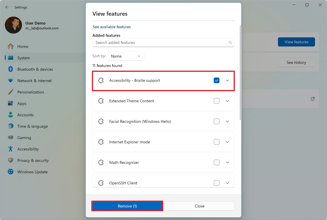Удаление дополнительного компонента Windows 11