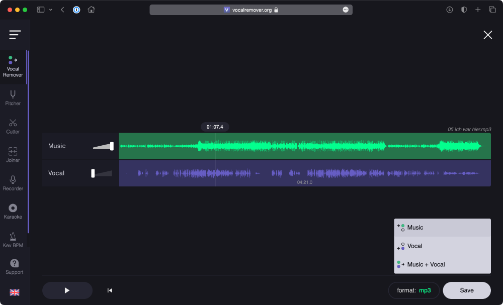 Рабочее окно VocalRemover.org после разделения трека на Music и Vocal