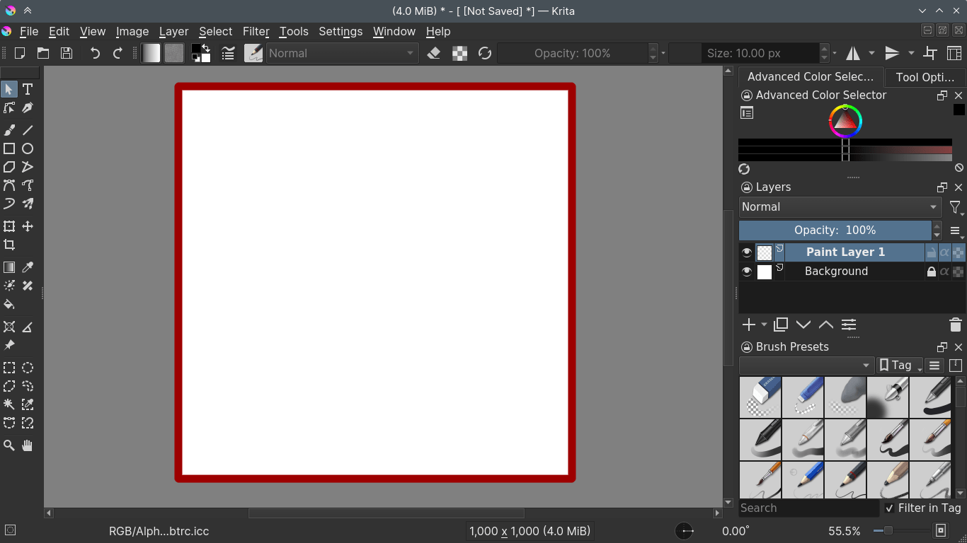 Интерфейс Krita с холстом, панелью слоёв и кистями
