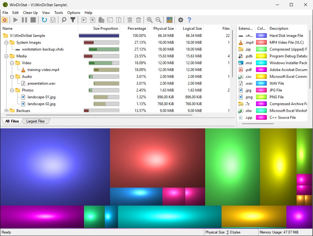 Интерфейс WinDirStat с деревом каталогов, Largest Files, расширениями и treemap