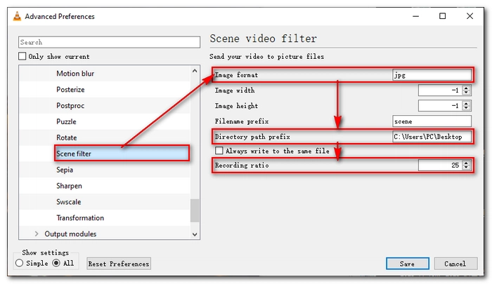 Scene filter VLC с форматом JPG, папкой и Recording ratio