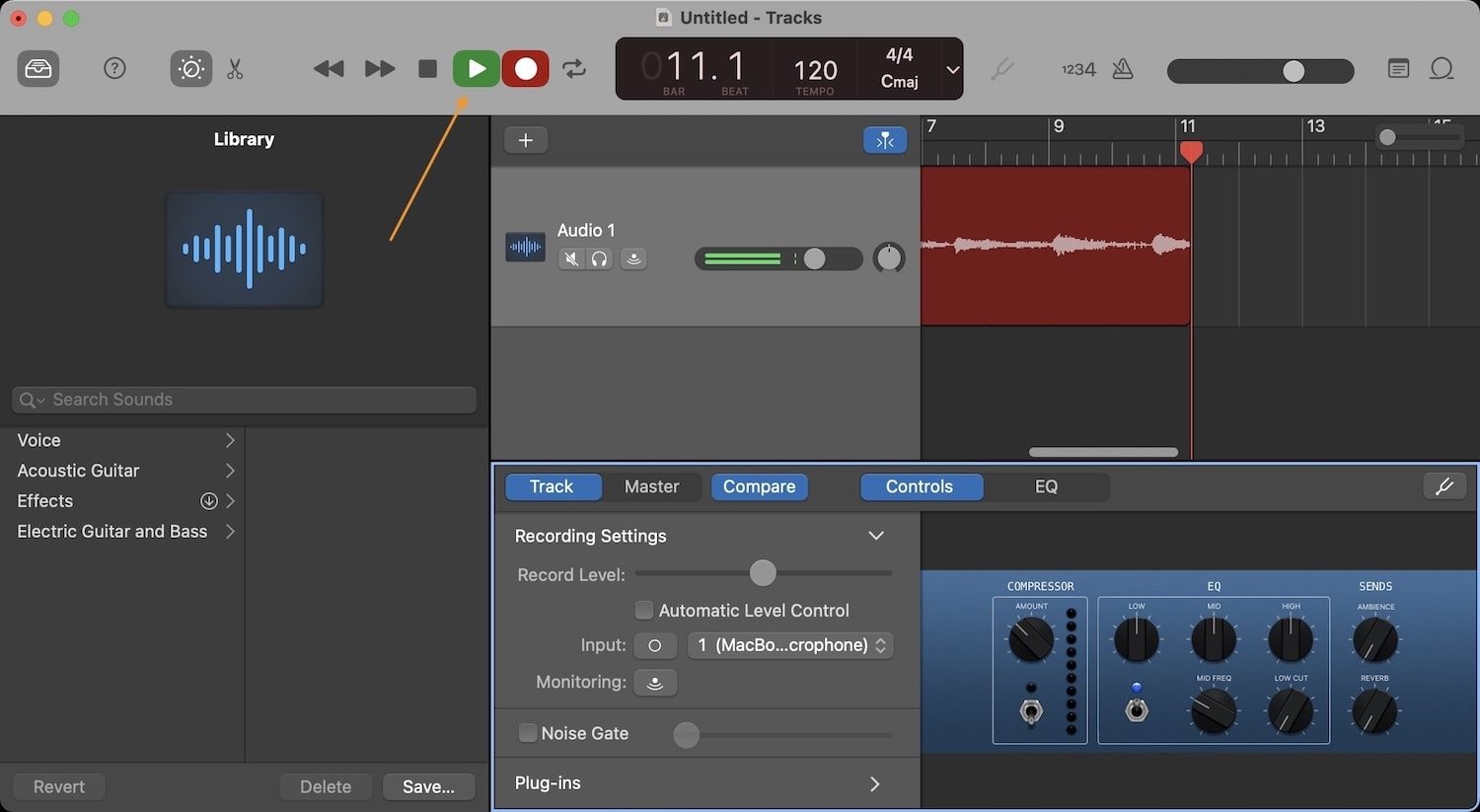 Запись аудиодорожки в GarageBand на Mac