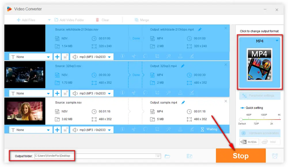 Free HD Video Converter Factory: выход MP4 и папка результата для файлов NSV