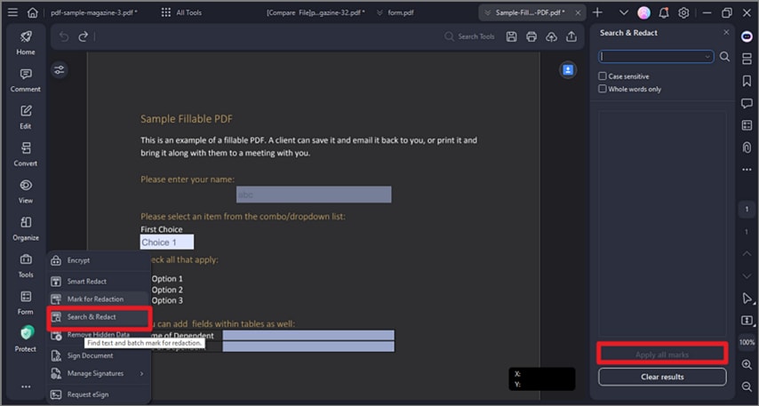 Панель Search and Redact в PDFelement