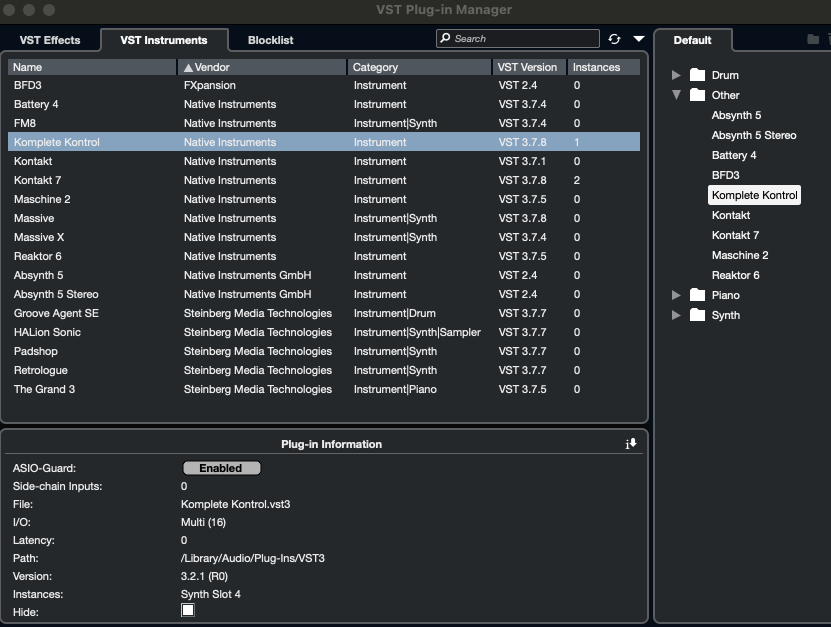 Cubase VST Plug-in Manager с вкладками эффектов, инструментов и Blocklist