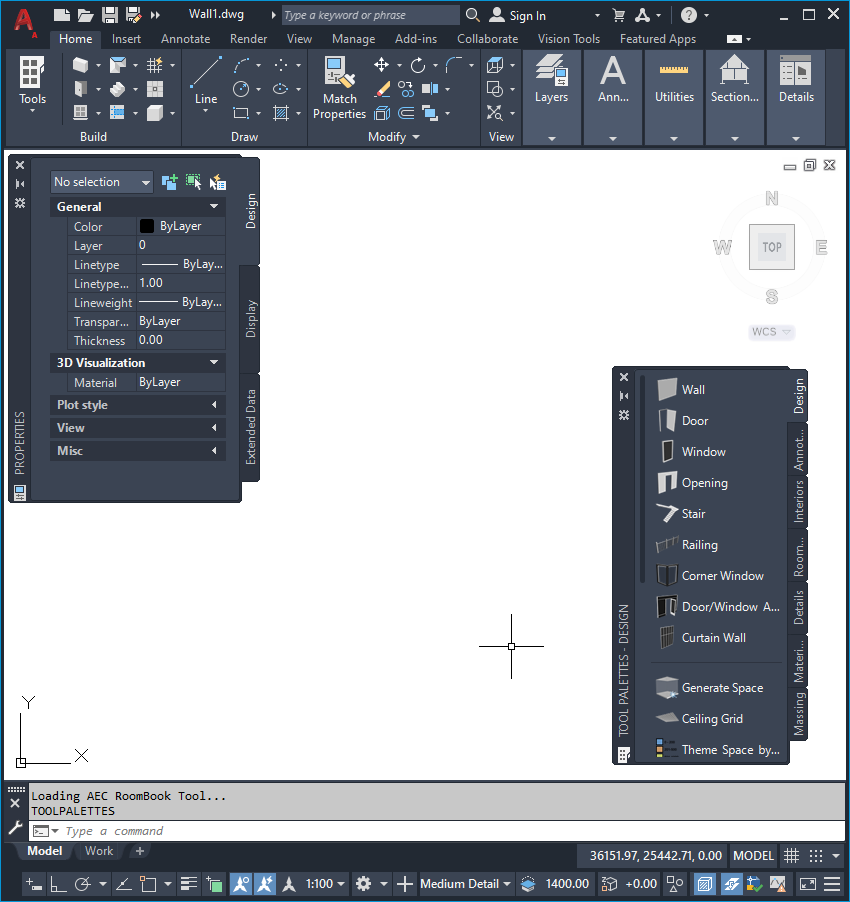 Интерфейс AutoCAD Architecture с палитрой Wall, Door и Window