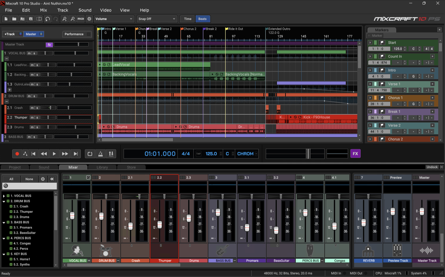 Интерфейс Mixcraft с аранжировкой, дорожками и микшером
