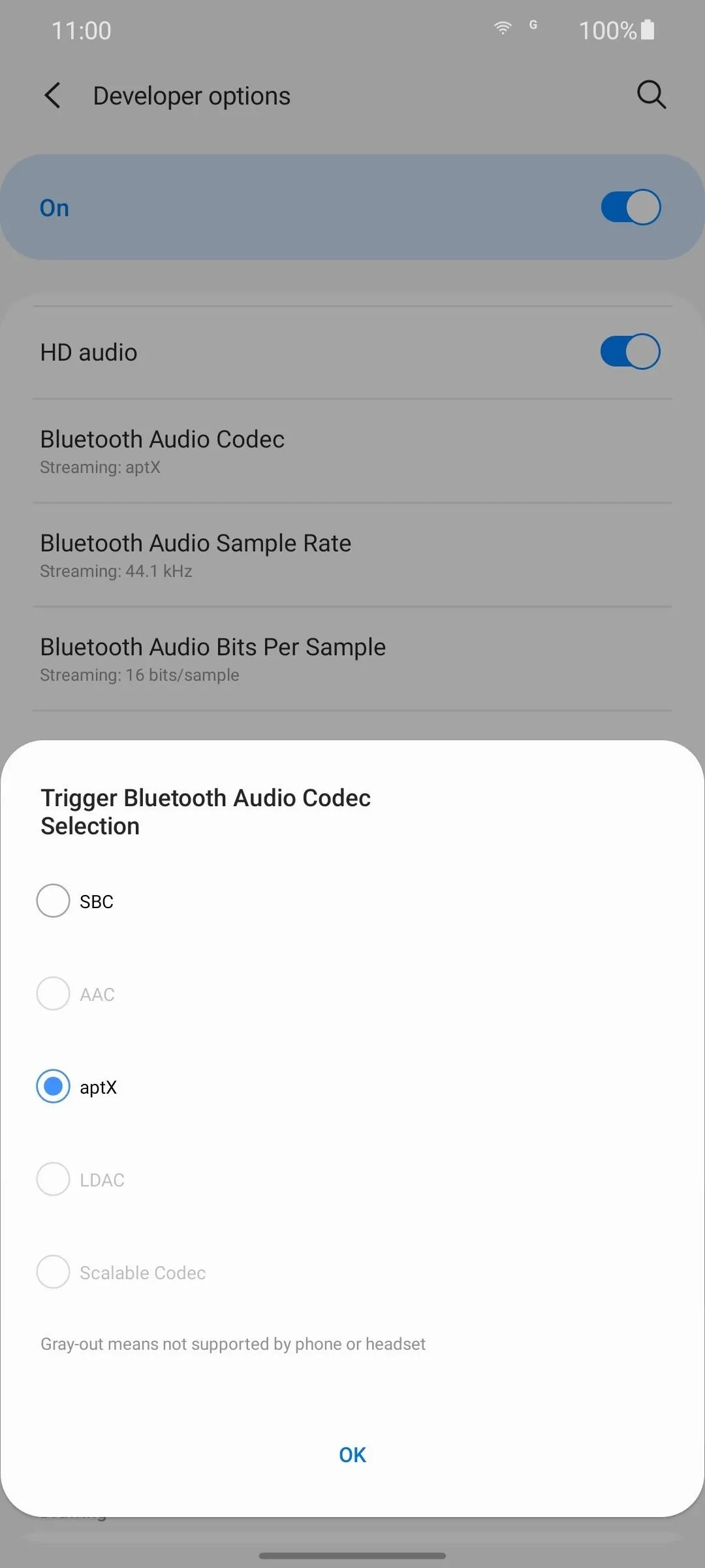 Android Developer Options: Bluetooth Audio Codec с выбранным aptX