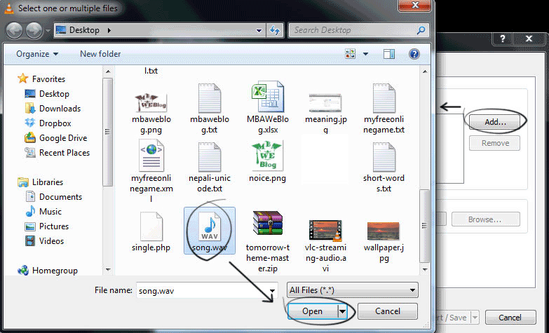 Диалог VLC Media Player для добавления аудиофайла перед конвертацией