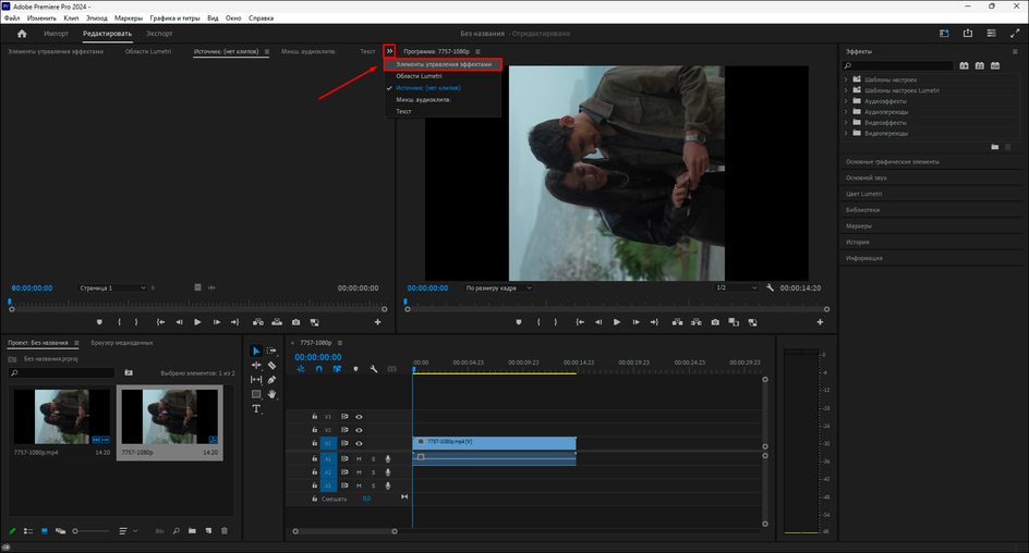 Интерфейс Adobe Premiere Pro с настройками клипа