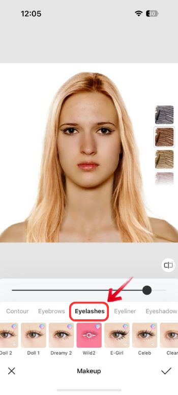Категория Eyelashes с вариантами ресниц в BeautyPlus